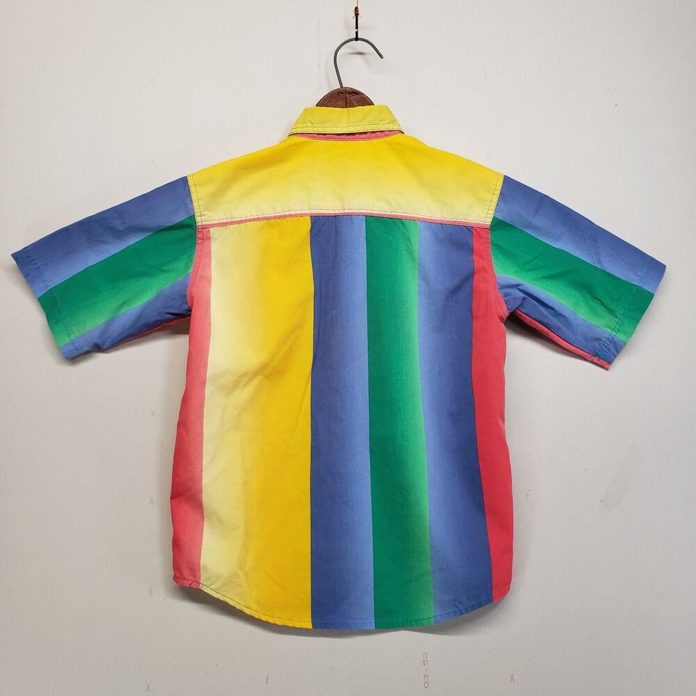 Vintage 90s Bugle Boy Button Up Short Sleeve Shirt Multi Color Striped L XL 7x - Picture 2 of 9